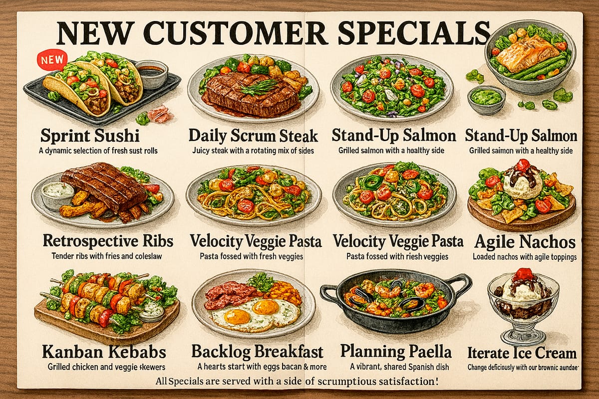 A menu: New customer specials. All dishes are related to Agile. e.g Planning Paella and Velocity Vegie Pasta.