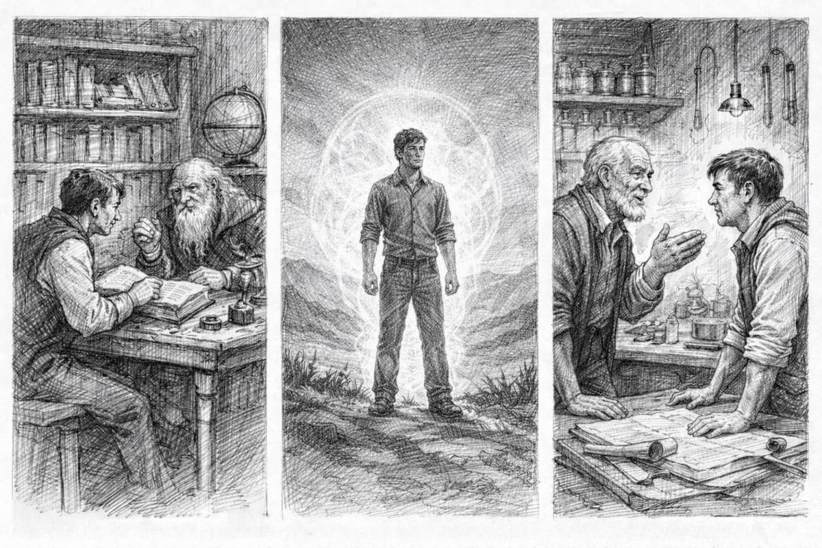 Three images in one. The three scenarios. A young man asking an older man. A young man feeling it for himself. An older man telling a young man.