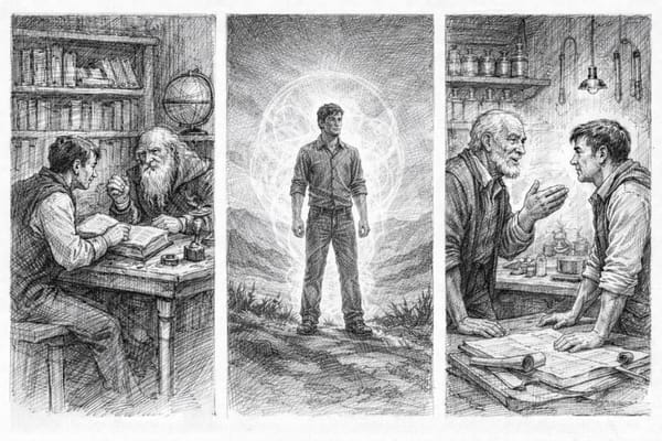 Three images in one. The three scenarios. A young man asking an older man. A young man feeling it for himself. An older man telling a young man.